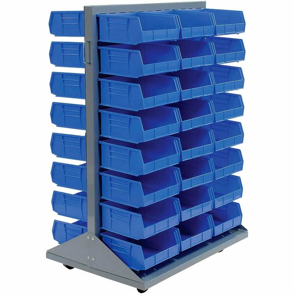 Global Industrial Double Sided Mobile Floor Rack w/ 48G Blue Bins, 36inW x 25-1/2inD x 55inH 550176BL